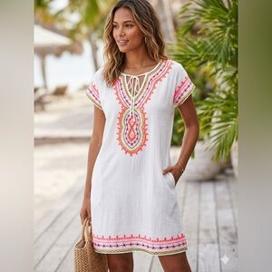 White Embroidered V-Neck Beach Cover-Up Dress